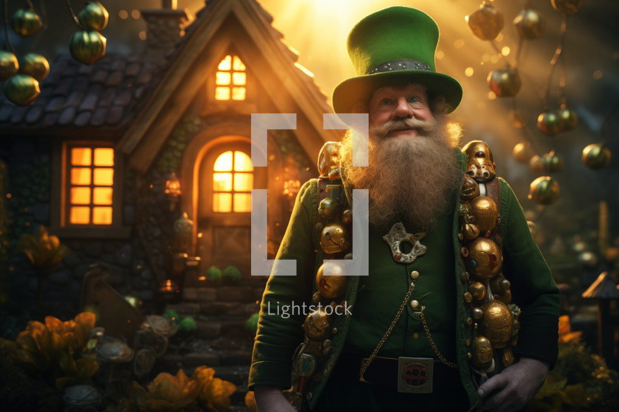 AI Generated Image. St Patrick's Day leprechaun standing against his house in a magic forest