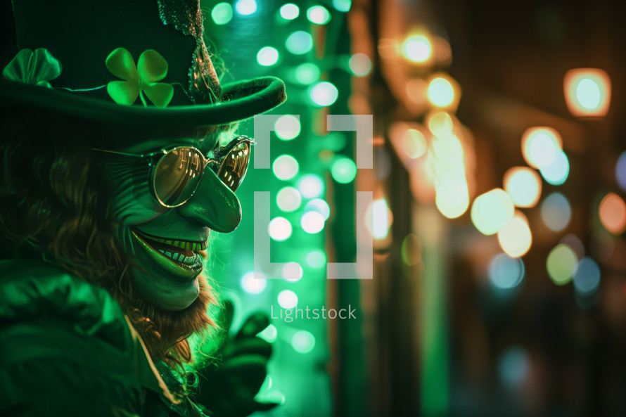 AI Generated Image. Monster leprechaun wearing green hat on a night street. St. Patrick’s Day concept