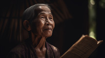Old woman reading scripture in unreached tribe 