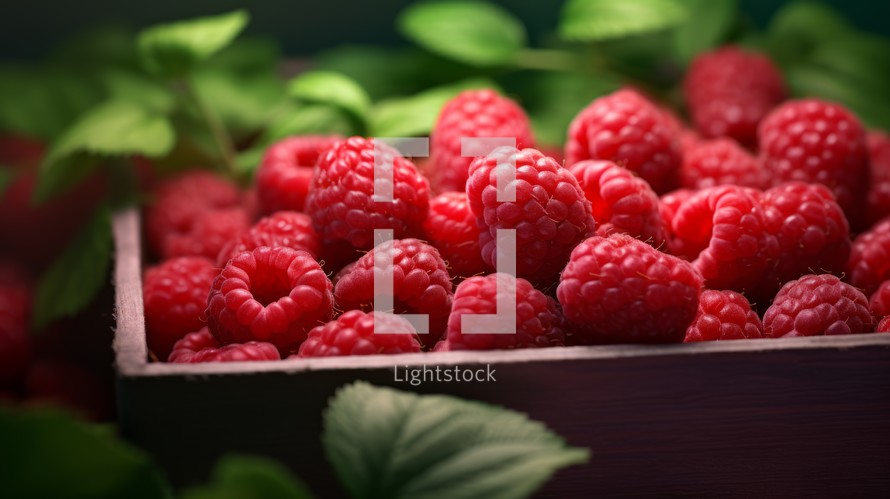 A box of fresh, sweet raspberries, close-up realistic photo Generative AI