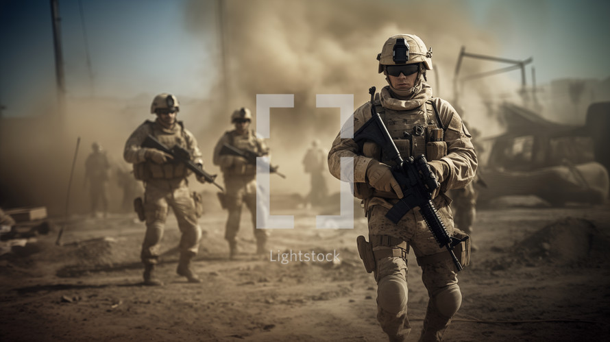 Military special forces cross the battlefield through fire and smoke in the desert