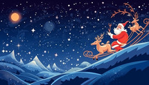 Santa Claus delivers gifts on sleigh near the mountains at night