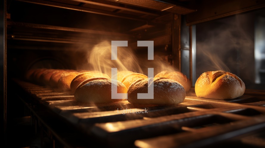 Chef baking bread in a commercial oven, skilled baking process, kitchen ambiance with baking equipment visible Generative AI