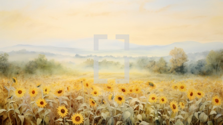 Generative AI A tranquil, misty morning in a field of sunflowers. landscape watercolor