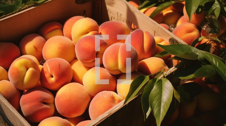 Close-up realistic photo featuring a box overflowing with ripe peaches Generative AI