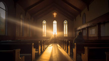 Man prays sitting on the bench in a christian church at sunset