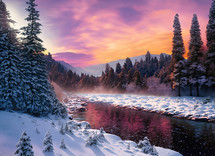 A Snowy Winer RRiver at sunset 