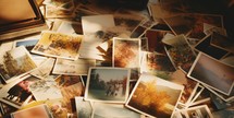 Vintage polaroids spread out on a table. 