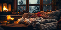 A cozy Christmas living room couch with fireplace