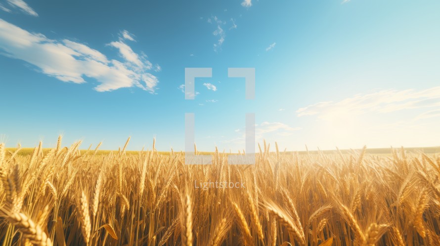 Vast golden wheatfield stretching across the horizon under a clear blue sky on a sunny day. Generative AI
