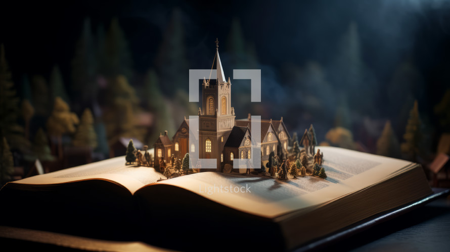 Church building rising out of an open Bible as a pop-up diorama in a serene setting