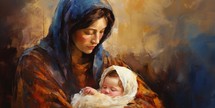 Mary with baby Jesus in a painted illustration.