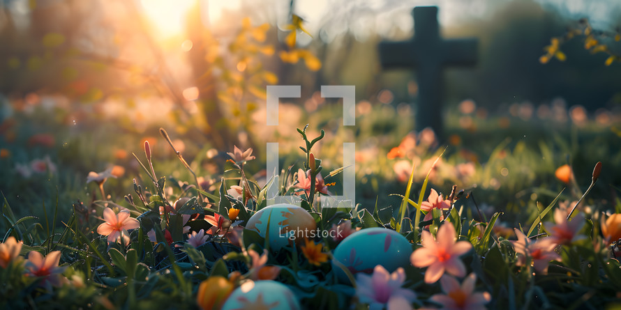 Easter Eggs in a field of flowers with a crucifix cross in the background, spring time scene