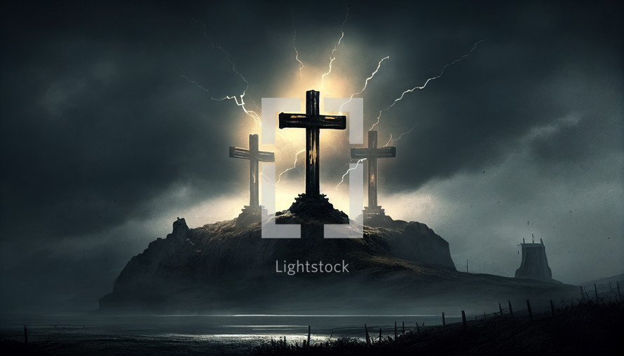 Three crosses on top of a hill being struck by lightning.