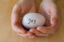 Hands holding an egg with the word "joy" written on it.
