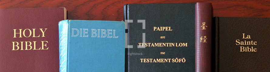 Bibles in different language lined up on a table as a ribbon