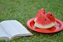 watermelon slices on a plate and an opened Bible 