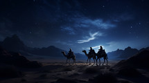 Three wisemen's journey on camels through the hills.