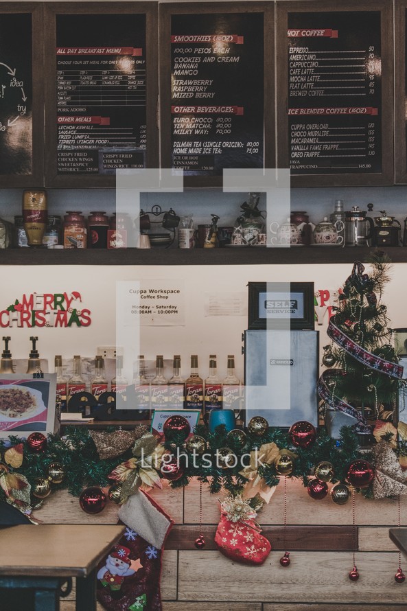 Christmas decorations in a coffee shop 