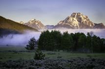 A layer of fog rolls in on a meadow with the Mt Moran Peak rising above it in Grand Teton National Park