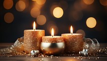 Burning candles on wooden table against blurred festive lights, closeup
