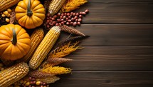 Autumn still life with pumpkins and corn on rustic wooden background