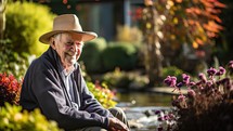 Portrait of senior man sitting in his garden on a sunny day