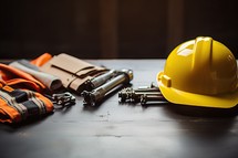 Yellow hardhat and construction tools on wood background. Construction concept.