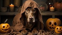 Cute dog in blanket with Halloween pumpkins on dark background, closeup