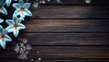 Christmas background with snowflakes and crocus on wooden planks