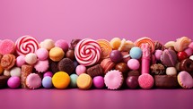Variety of delicious candies on pink background. Top view.