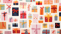 Colorfully wrapped gifts on a white background. 