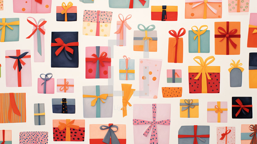 Colorfully wrapped gifts on a white background. 