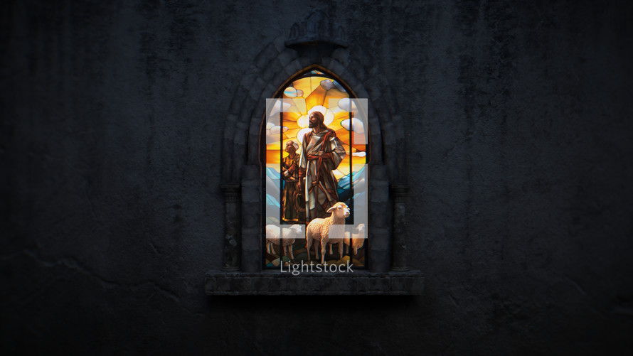Wide shot of a beautiful, dimly back-lit stained glass window of Nativity Shepherds with snow just starting to fall. Stained glass was generated with AI and composited into a 3D CGI scene.