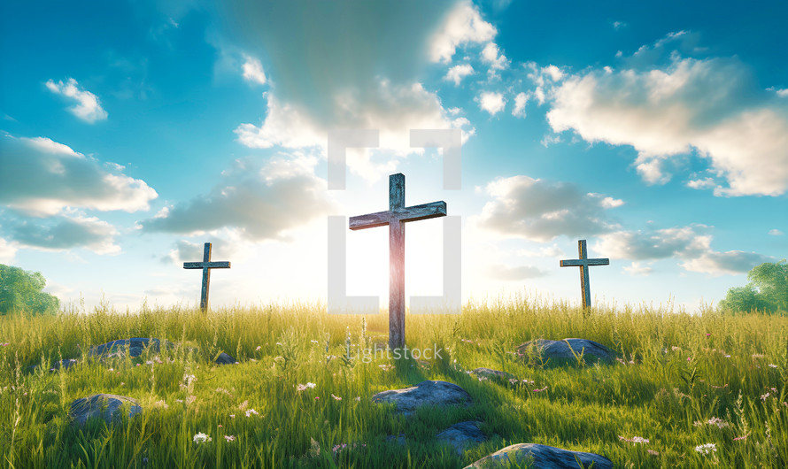 The Cross of Christ in a Green Field on a Sunny Day