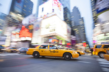 Yellow Taxi Cabin in motion, New York City, New York, USA. - for editorial use only.
