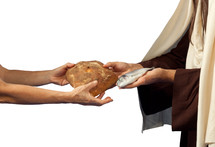 Jesus gives the bread and fish to a beggar on white background