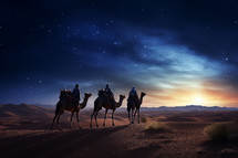 The Wisemen traveling with their camels to Bethlehem