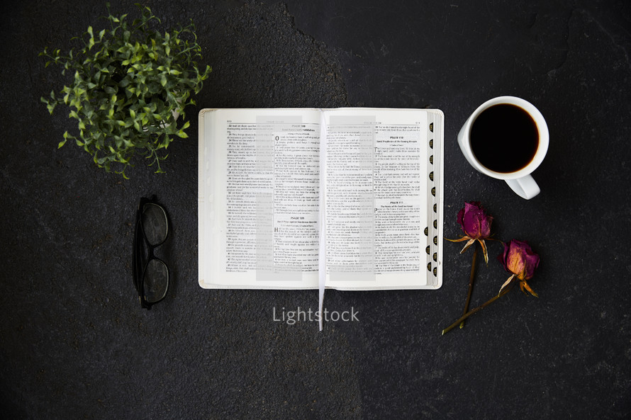 houseplant, reading glasses, open Bible, coffee cup, and dried roses on black 