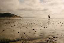 a man walkin gon wet sand on a beach 