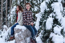 a couple sitting on a tree stump in winter snow 