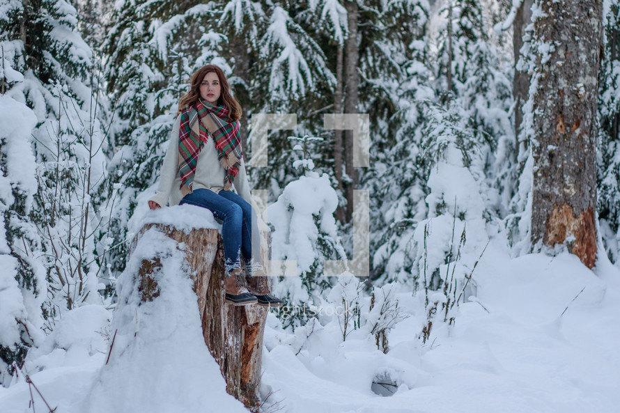 a woman sitting on a tree stump outdoors in snow 