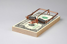mouse trap on a stack of dollars 