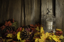Bird cage in fall foliage by a wooden fence.