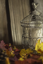 fall scenes - pine cones, fall leaves, candle in a bird cage 