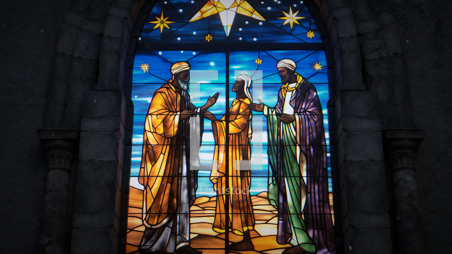 Close shot of a beautiful, dimly back-lit stained glass window of Nativity Wisemen with snow just starting to fall. Stained glass was generated with AI and composited into a 3D CGI scene.