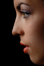 Side-view of thinking woman with red lips