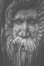 Man's bearded face carved into wood.