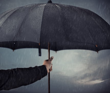 a man holding an umbrella in the rain 