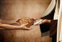 Jesus giving fish and bread to a beggar 